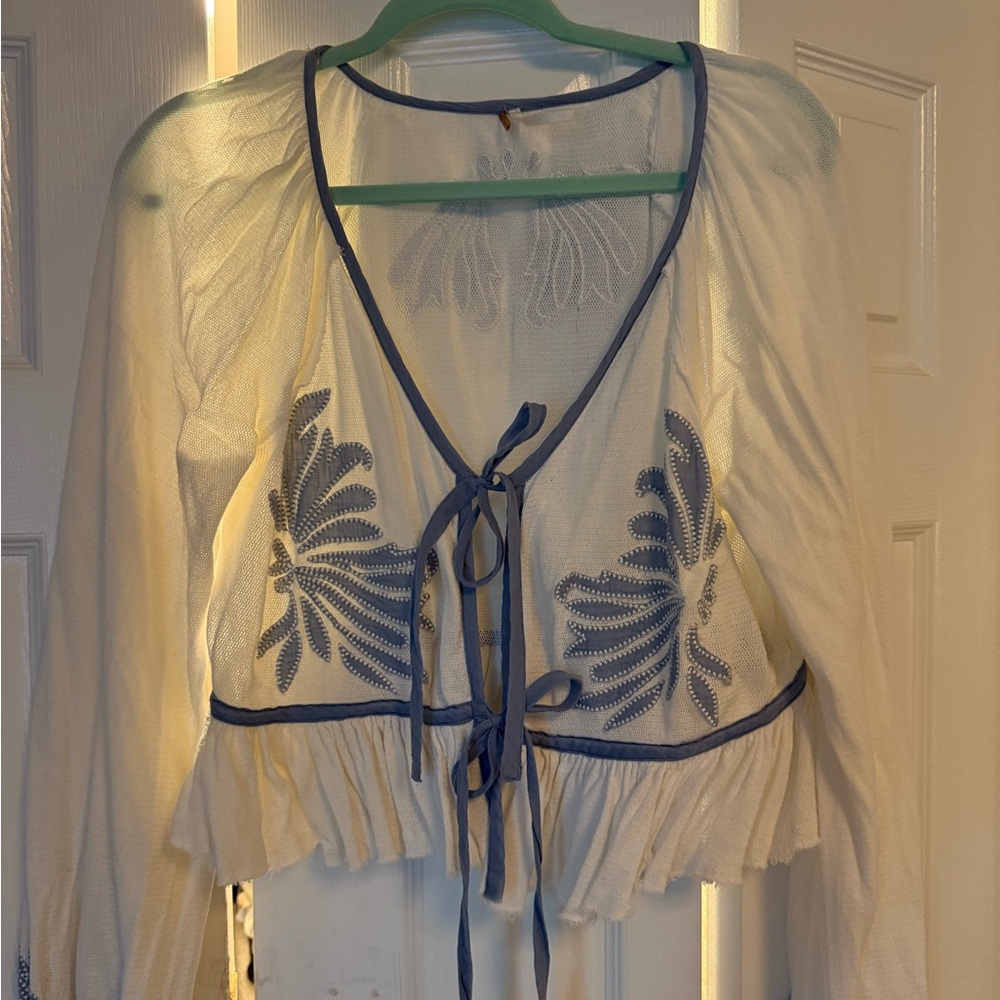 FREE PEOPLE Elegant Cream and Blue Embroidered Women's Top